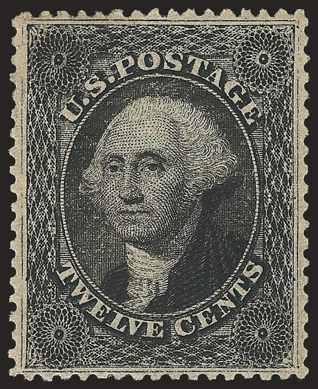 12c Black, Plate 3 (36B).> Original gum, barest trace of hinging, intense shade and proof-like impression, perfectly centered with wide and balanced margins<><>^EXTREMELY FINE GEM. AN ABSOLUTELY STUNNING
ORIGINAL-GUM EXAMPLE OF THE PERFORATED 12-CE