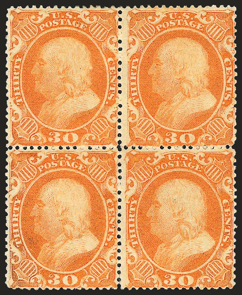 30c Orange (38).> Block of four, original gum, radiant color, better-centered than most multiples of this issue<><>^VERY FINE. A RARE SOUND ORIGINAL-GUM BLOCK OF FOUR OF THE 30-CENT 1860 ISSUE.^<><>This block
clearly demonstrates why it is so dif