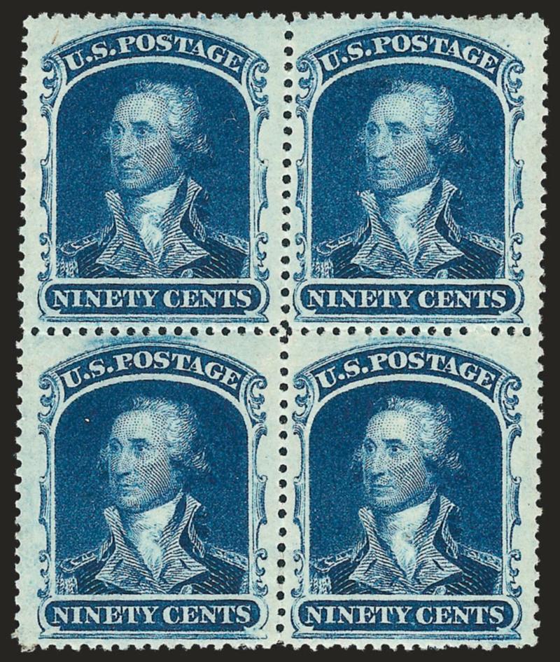 90c Blue (39).> Block of four, original gum, deep rich color and proof-like impression, choice centering, the lefthand stamps are extraordinary<><>^EXTREMELY FINE GEM. A GORGEOUS ORIGINAL-GUM BLOCK OF FOUR OF THE
SHORT-LIVED 90-CENT 1860 ISSUE IN T