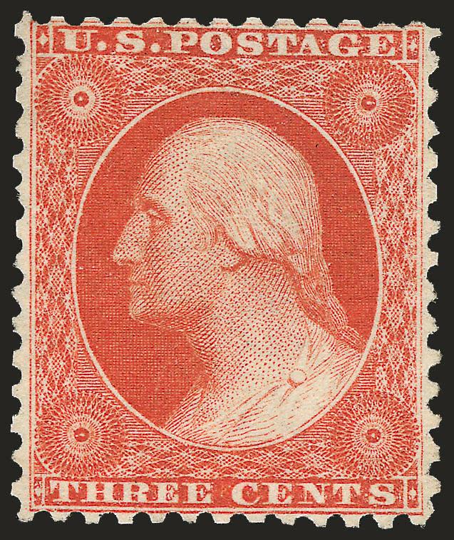 3c Scarlet, Reprint (41).> Without gum as issued, radiant color as fresh as the day it was printed, well-balanced margins for this extremely difficult issue<><>^VERY FINE AND CHOICE. A BEAUTIFUL EXAMPLE OF THE
3-CENT 1857 RE-ISSUE.^<><>Only 479 s