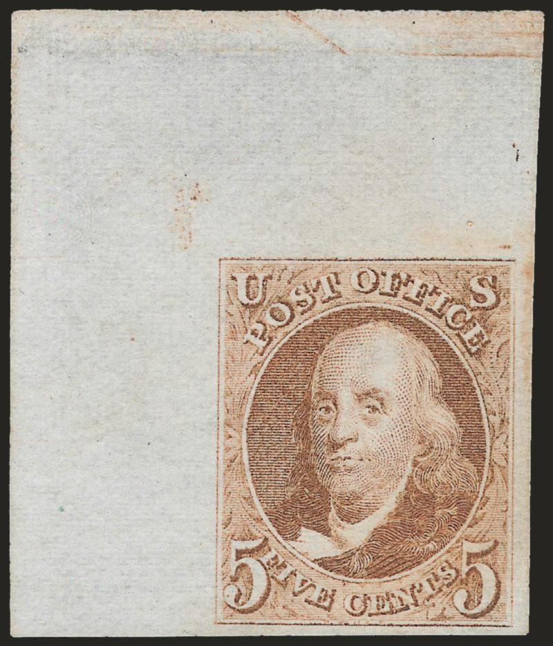 5c Red Brown, Reproduction (3).> Without gum as issued, huge margins incl. <top left corner sheet margins,> brilliant color<><>^EXTREMELY FINE GEM. THIS MAGNIFICENT STAMP HAS BEEN AWARDED THE GRADE OF SUPERB 98
JUMBO BY P.S.E. -- ONLY ONE HAS GRADE