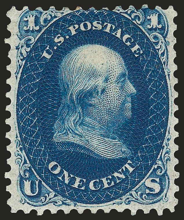 1c Indigo, First Design (55).> Original gum, small h.r., deep rich color, intense impression, wide margins on three sides, top perfs slightly into oval as they are on virtually all known examples<><>^VERY FINE
AND FRESH. ONE OF ONLY EIGHT AVAILABLE