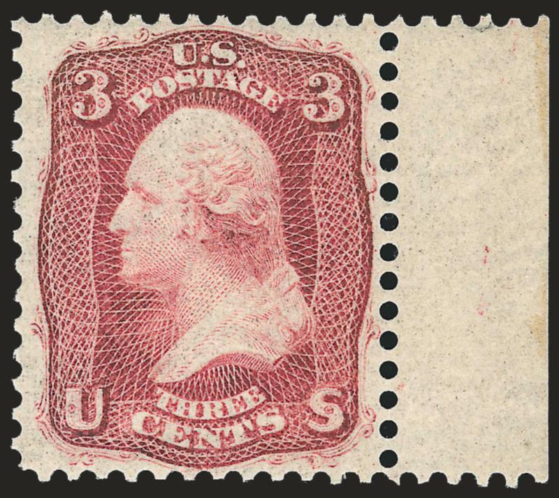 3c Brown Rose, First Design (56). Mint N.H.,> with sheet selvage at right, intense shade (slightly oxidized), choice centering with wide margins, Extremely Fine, with 1999 P.F. certificate not mentioning
oxidation, Scott Retail as hinged