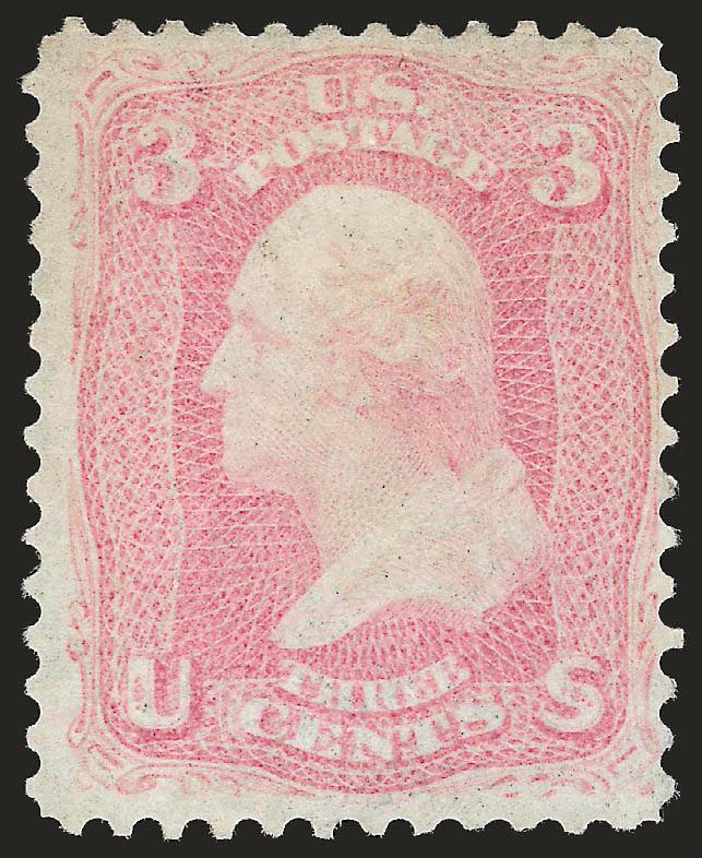 3c Pigeon Blood Pink (64a).> Original gum, lightly hinged, radiant color in the true Pigeon Blood Pink shade, choice centering for this difficult issue, tiny perf crease at bottom not noted on
certificate<><>^VERY FINE AND CHOICE. AN EXCEEDINGLY RA