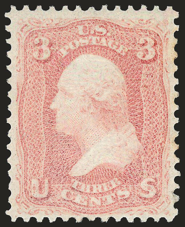 3c Rose Pink (64b). Mint N.H.,> vibrant color as fresh as the day it was printed on crisp paper, long and full perforations<><>^VERY FINE AND CHOICE. A SCARCE MINT NEVER-HINGED EXAMPLE OF THE 1861 3-CENT ROSE
PINK SHADE.^<><>With 1991 and 2000 P.