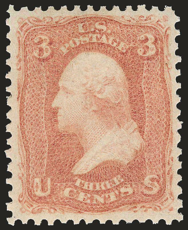 3c Rose (65).> Mint N.H., perfectly centered with wide and balanced margins, radiant color on post-office fresh paper, Extremely Fine Gem, a beautiful stamp, with 1993 P.F. certificate, Scott Retail as
hinged