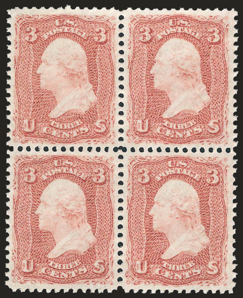 3c Dull Brown Red (65 var).> Block of four, <Mint N.H.,> gorgeous centering with wide and balanced margins, significantly different shade than the primary Scott-listed Rose<><>^EXTREMELY FINE. A BEAUTIFUL MINT
NEVER-HINGED BLOCK OF FOUR OF THE 3-CE