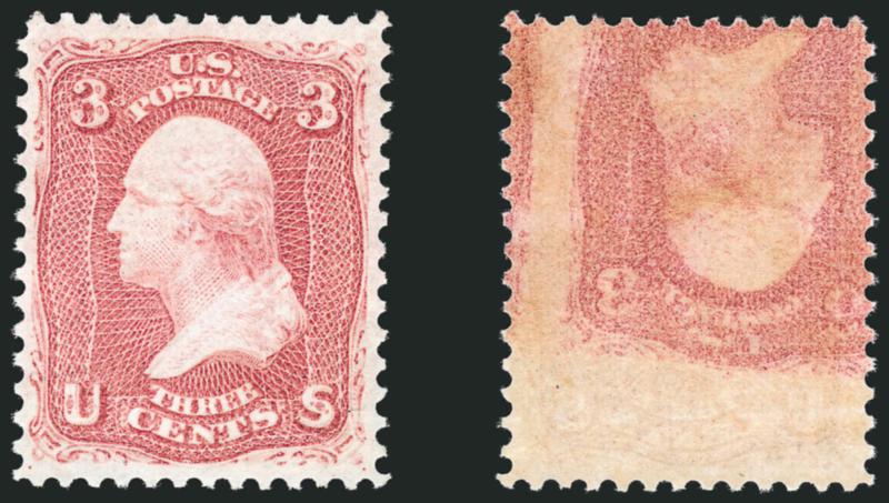 3c Rose, Printed on Both Sides (65e).> Original gum, barely hinged, face of stamp has choice centering with brilliant color and wide margins, back of stamp shows clear impression inverted relative to face and
angled, completely sound<><>^EXTREMELY