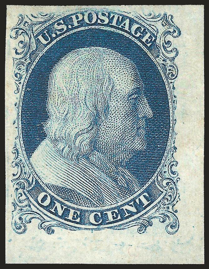 1c Blue, Ty. Ia (6).> Position 100L4 from the bottom right corner of the left pane, huge margins including <sheet margin at bottom and huge straddle-pane margin at right,> original gum, lightly hinged, deep rich
Plate 4 color and proof-like impressio