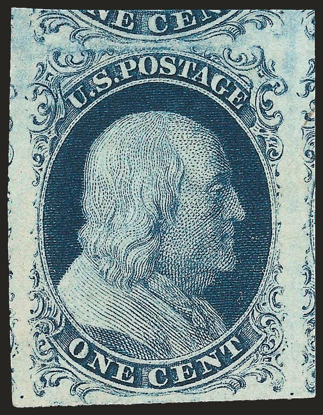 1c Blue, Ty. II (7).> Position 87R2, <Mint N.H.,> absolutely pristine original gum, huge margins showing part of five adjoining stamps, deep rich color and proof-like impression which jumps off the crisp
paper<><>^EXTREMELY FINE GEM. A MAGNIFICEN