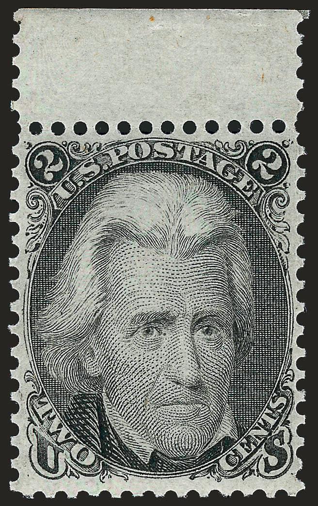 2c Black (73). Mint N.H.> and with selvage at top, bright shade and crisp impression, well-proportioned margins<><>^VERY FINE AND CHOICE. A SCARCE MINT NEVER-NEVER HINGED EXAMPLE OF THE 2-CENT BLACK
JACK.^<><>With 1999 P.F. certificate. Scott Ret
