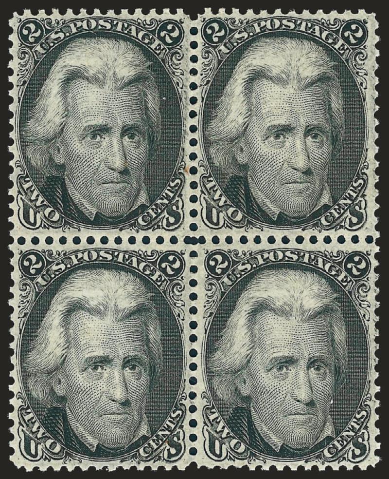 2c Black (73).> Block of four, original gum, very lightly hinged, intense shade and proof-like impression, beautiful centering throughout, top left stamp trivial toned speck at right which may in fact be a
natural inclusion<><>^EXTREMELY FINE. A ST