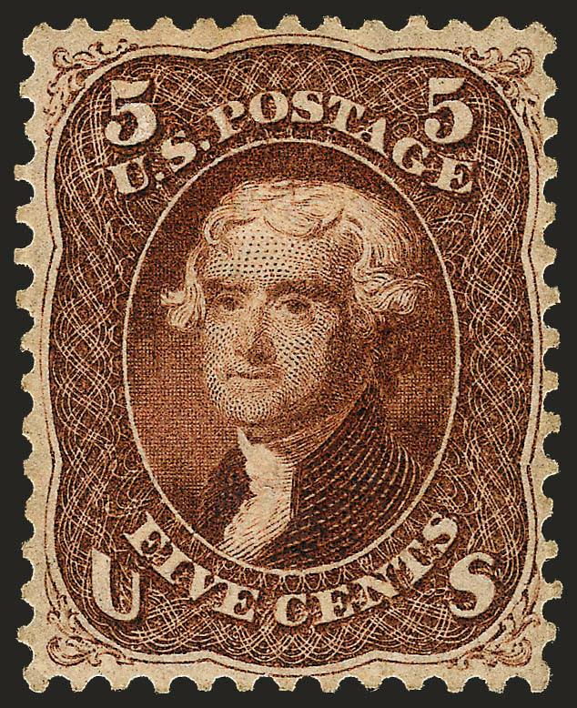 5c Red Brown (75).> Original gum, deep rich color in the distinctive Red Brown shade, well-balanced margins for this difficult issue with perforations clear of projections on all sides<><>^EXTREMELY FINE. A RARE
ORIGINAL-GUM EXAMPLE OF THE 5-CENT 1