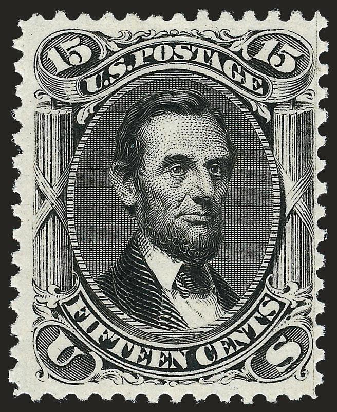 15c Black (77). Mint N.H.,> sharp proof-like impression on bright and fresh paper, wide margins<><>^EXTREMELY FINE. AN UNBELIEVABLY RARE MINT NEVER-HINGED EXAMPLE OF THE 15-CENT 1866 ISSUE IN THE FINEST CONDITION
ATTAINABLE. WITH THE EXCEPTION OF S