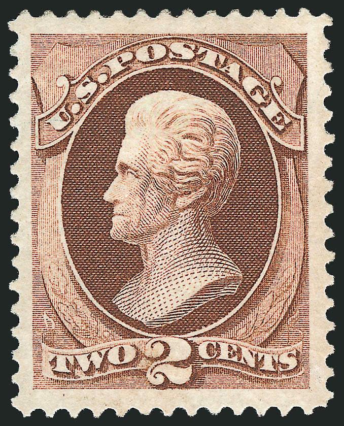 2c Red Brown, Grill (135).> H. Grill, original gum, rich color, choice centering with Jumbo margins<><>^EXTREMELY FINE. AN INCREDIBLY WIDE-MARGINED ORIGINAL-GUM EXAMPLE OF THE 1870 2-CENT NATIONAL BANK NOTE
COMPANY GRILLED ISSUE.^<><>With 2000 P.