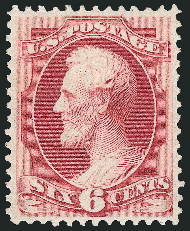 6c Carmine, Grill (137).> H. Grill, original gum, intense shade and impression, several clear grill points, almost perfectly centered<><>^EXTREMELY FINE GEM. A SUPERB ORIGINAL-GUM EXAMPLE OF THE 1870 6-CENT
NATIONAL BANK NOTE COMPANY GRILLED ISSUE.