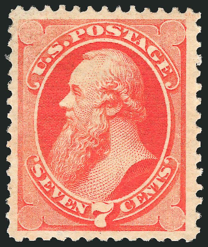 7c Vermilion, Grill (138).> H. Grill, original gum, intense shade, wide margins, faint natural gum bend at bottom left not mentioned on accompanying certificate<><>^VERY FINE AND CHOICE ORIGINAL-GUM EXAMPLE OF
THE 1870 7-CENT NATIONAL BANK NOTE COM