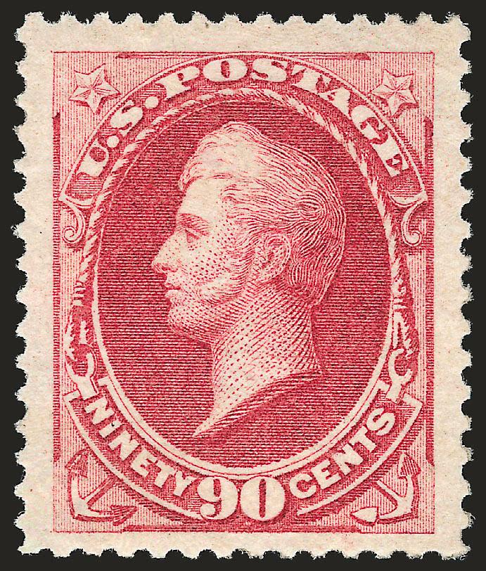 90c Rose Carmine (166).> Original gum, lightly hinged, rich color on bright paper, Jumbo margins<><>^EXTREMELY FINE. A BEAUTIFUL ORIGINAL-GUM EXAMPLE OF THE 1873 90-CENT CONTINENTAL BANK NOTE COMPANY ISSUE.
SCARCE WITH SUCH MASSIVE MARGINS.^<><>W
