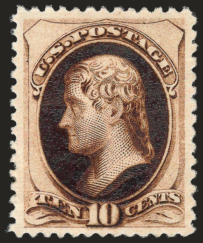 10c Brown, Without Secret Mark, Cameo Variety (187 var).> Original gum, deep rich color which is distinctively different from the normal issued color and which looks like a varnish ink type of printing, choice
centering with wide and balanced margi