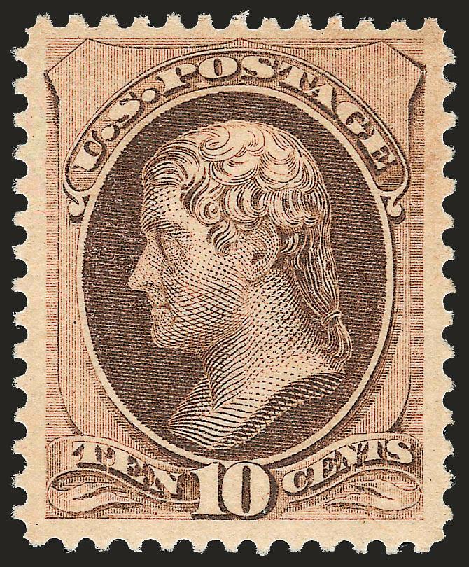 10c Brown, With Secret Mark (188).> Mint N.H., fresh color and detailed impression<><>^VERY FINE AND CHOICE. A RARE MINT NEVER-HINGED EXAMPLE OF THE 10-CENT 1879 AMERICAN BANK NOTE COMPANY ISSUE WITH SECRET
MARK.^<><>Unlike other values of the 18