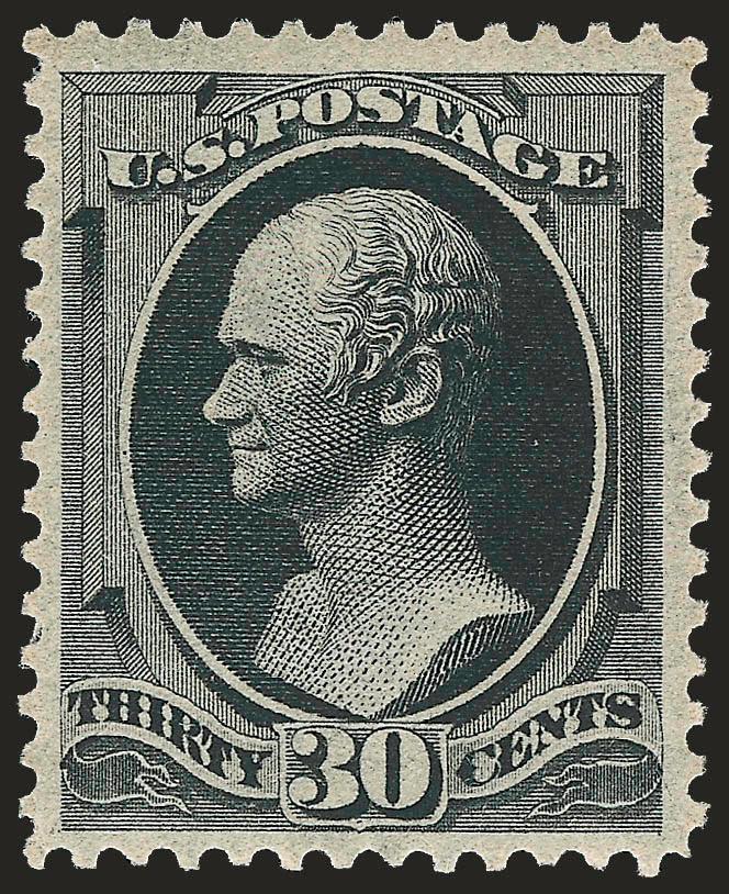 30c Full Black (190).> Mint N.H., intense shade and sharp proof-like impression, beautifully centered with enormous margins, single perf disc at bottom rests lightly on gum<><>^VERY FINE AND CHOICE. AN
EXTRAORDINARY MINT NEVER-HINGED 30-CENT 1879 A