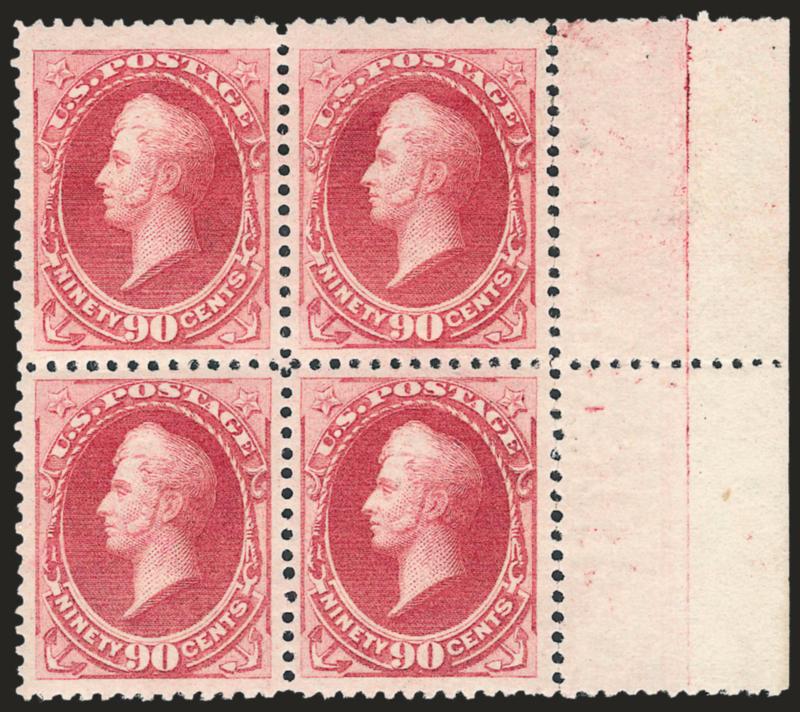 90c Carmine (191).> Right sheet margin block of four, brilliant and fresh color, well-centered with wide margins, full original gum, some perf separations expertly reinforced and not mentioned on accompanying
certificates<><>^VERY FINE AND CHOICE R
