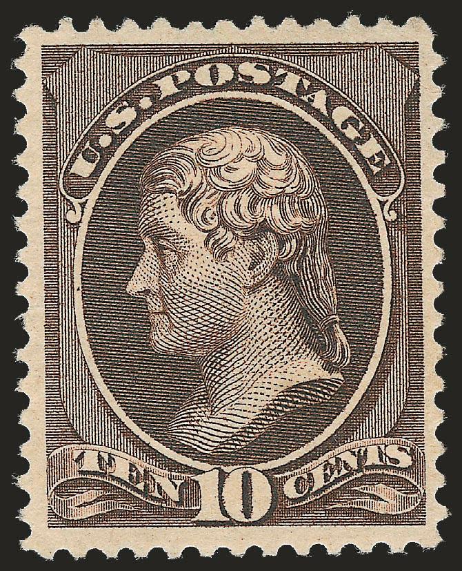 10c Black Brown (209b).> Original gum, lightly hinged, deep rich color and proof-like impression on bright paper, nearly perfect centering and wide margins rarely encountered among examples of this rare shade
variety<><>^EXTREMELY FINE. A MAGNIFICE