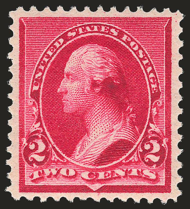 2c Carmine, Cap on Both 2s (220c).> Mint N.H., brilliant color and detailed impression clearly showing the cap on both 2s, almost perfectly centered with balanced margins<><>^EXTREMELY FINE GEM. THIS IS THE
FINEST EXAMPLE OF THE 2-CENT 1890 I