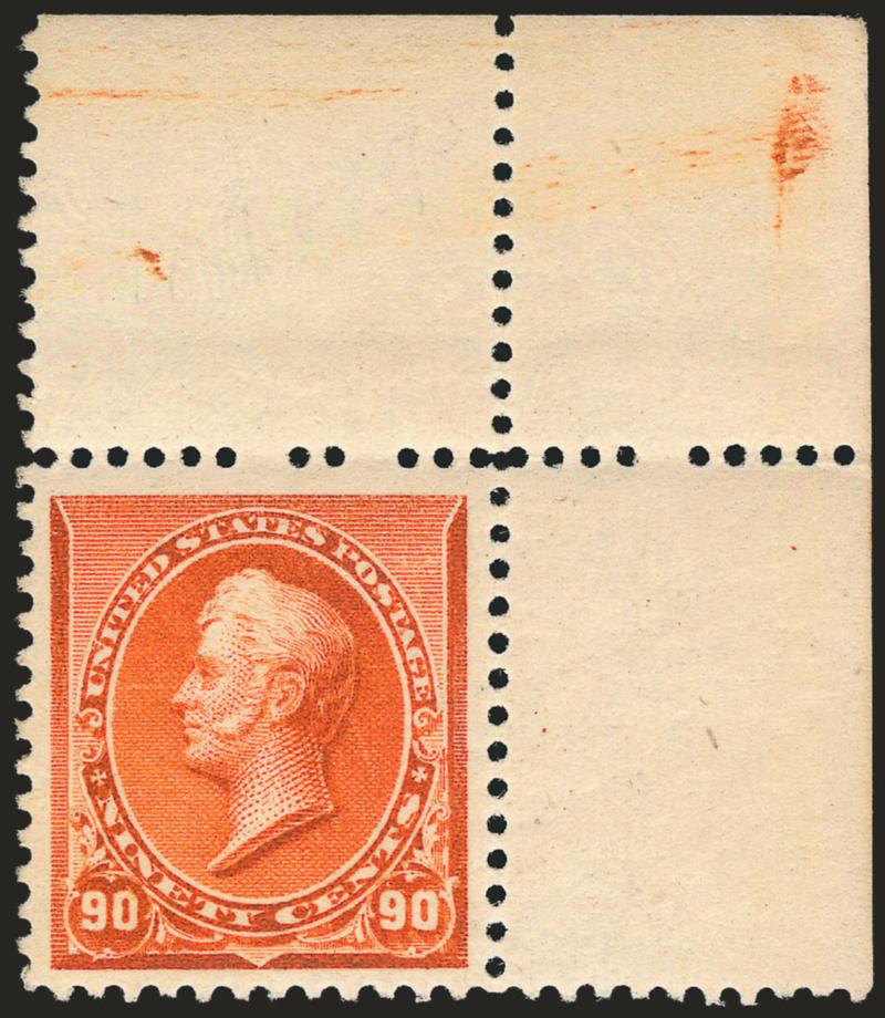 90c Orange (229).> Mint N.H. with <top right corner sheet selvage,> brilliant color, unusually wide margins for this difficult issue<><>^EXTREMELY FINE. A SPECTCULAR CORNER MARGIN COPY OF THE 90-CENT 1890
ISSUE. A DIFFICULT ISSUE TO OBTAIN IN MINT