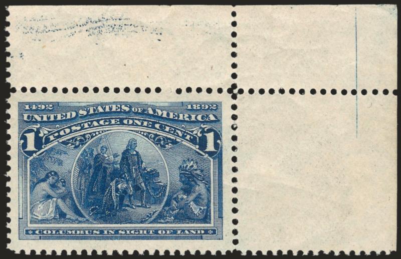 1c Columbian (230).> Mint N.H., with <top right corner sheet selvage,> intense color and proof-like impression on bright paper, absolutely enormous margins, Extremely Fine Gem, a striking stamp, with 1991 P.F.
certificate for a block and 2008 P.S.E.