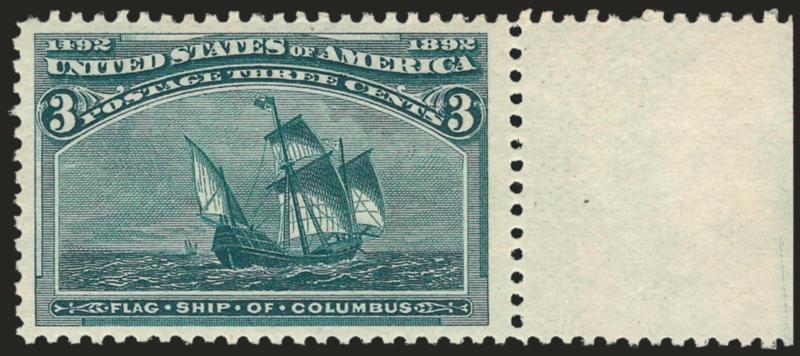 3c Columbian (232).> Mint N.H. with selvage at right, rich color, sharp impression, Jumbo margins, fresh and Extremely Fine, with 1996 P.F. certificate