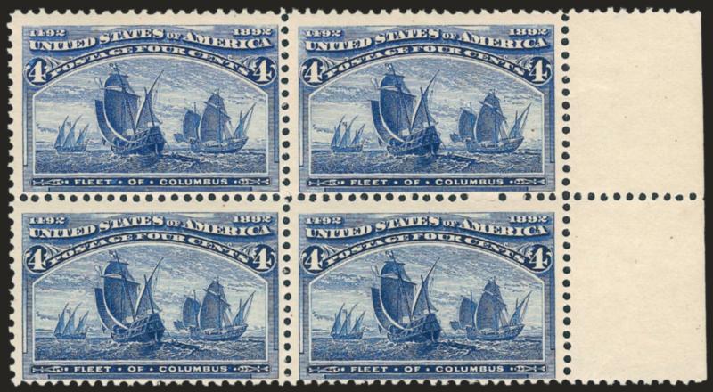 4c Columbian, Error of Color (233a).> Mint N.H. block of four with sheet selvage at right, intense color in the deeper of the two shades, detailed impression, crisp paper<><>^FINE-VERY FINE. A RARE MINT
NEVER-HINGED BLOCK OF FOUR OF THE 4-CENT COLU