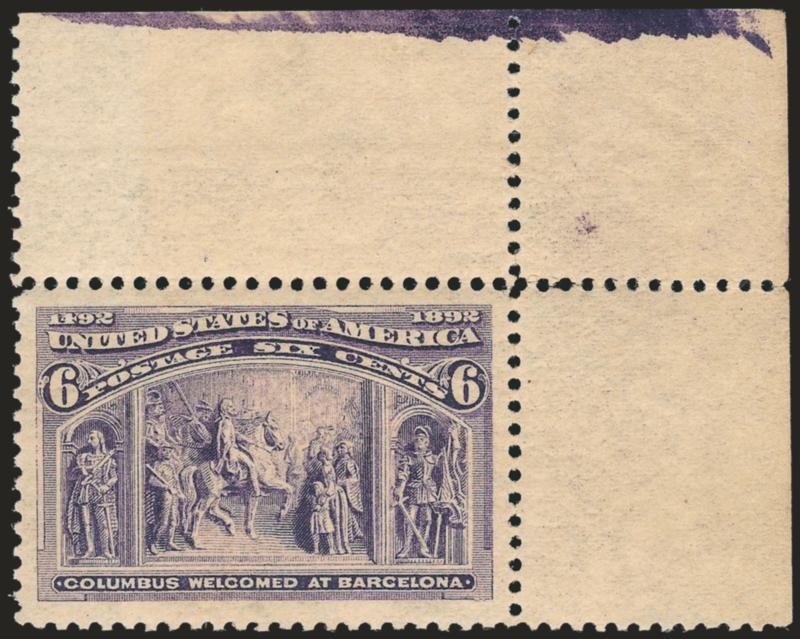 6c Columbian (235).> Mint N.H. with <top right corner sheet selvage,> intense color, beautiful centering with Jumbo margins which are well-balanced<><>^EXTREMELY FINE GEM. A STUNNING MINT NEVER-HINGED CORNER
SELVAGE SINGLE OF THE 6-CENT COLUMBIAN I