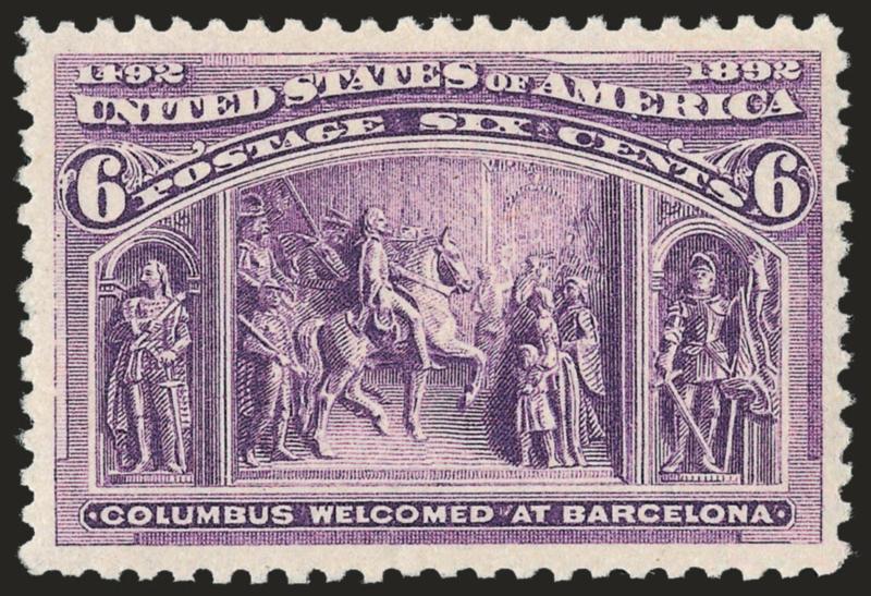 6c Red Violet, Columbian (235a).> Mint N.H., brilliant color on bright paper, choice centering with wide and balanced margins, long and full perforations<><>^EXTREMELY FINE GEM. A SUPERB MINT NEVER-HINGED
EXAMPLE OF THE 6-CENT COLUMBIAN IN THE RED