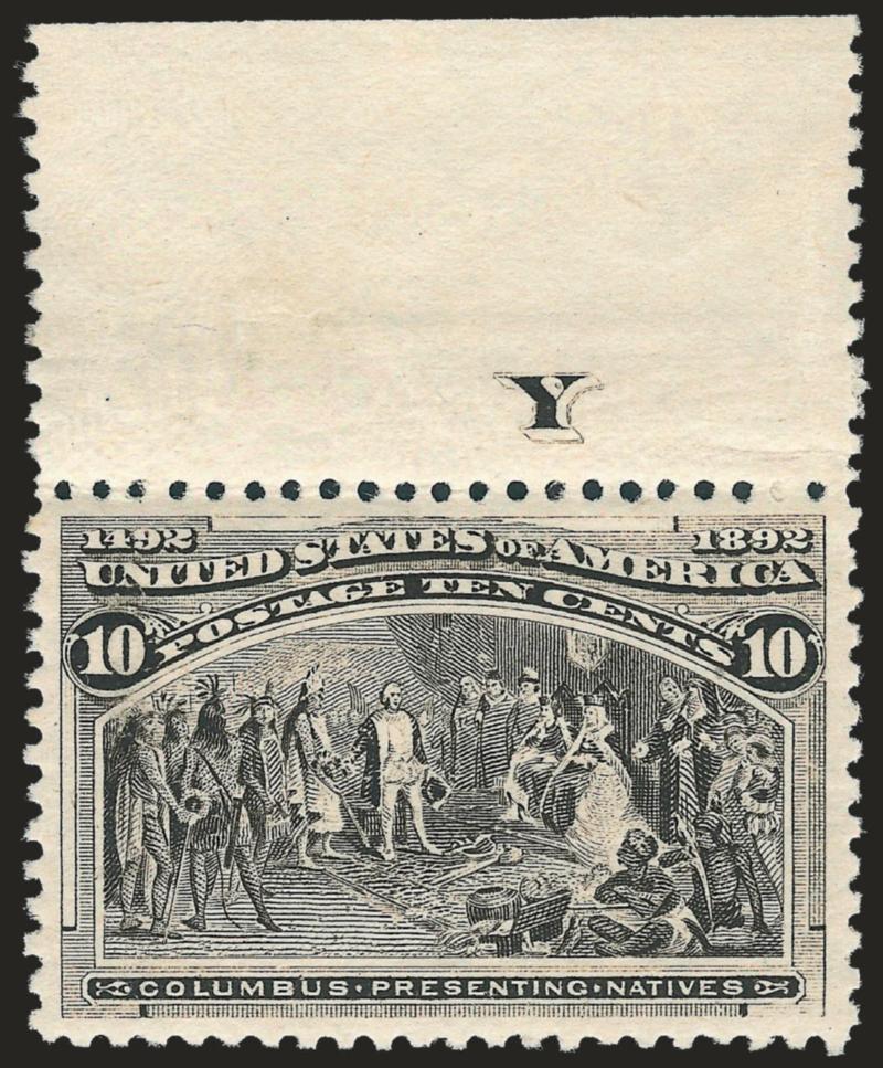 10c Columbian (237).> Mint N.H. with <wide selvage at top with letter Y,> bright shade, detailed impression, well-proportioned margins, fresh and Extremely Fine, a wonderful stamp, the beauty of which far
exceeds its numerical grade, with 1996 P.F.