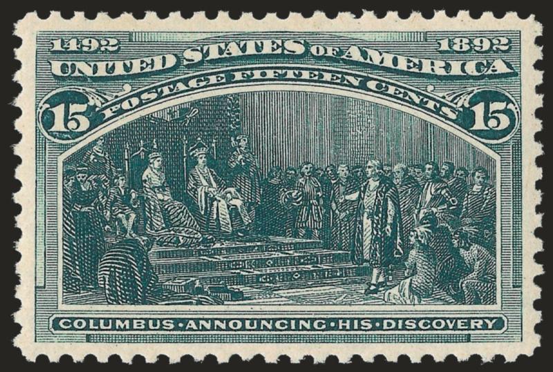 15c Columbian (238).> Mint N.H., rich color and proof-like impression on post-office fresh paper, perfectly centered with wide and balanced margins, long and full perforations all around<><>^EXTREMELY FINE GEM.
A SUPERB MINT NEVER-HINGED EXAMPLE OF