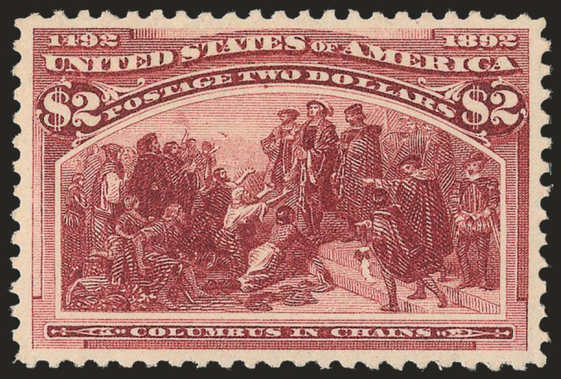 $2.00 Columbian (242).> Mint N.H., deep rich color and sharp proof-like impression, perfectly centered with wide and balanced margins for this difficult stamp<><>^EXTREMELY FINE GEM. A MAGNIFICENT MINT
NEVER-HINGED EXAMPLE OF THE $2.00 COLUMBIAN IS