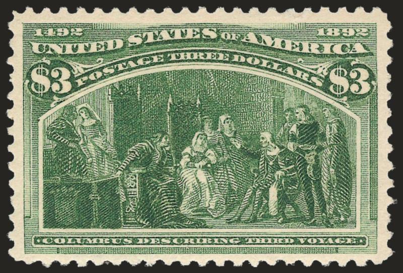 $3.00 Columbian (243).> Mint N.H., rich color, detailed impression, choice centering for this difficult issue<><>^VERY FINE AND CHOICE. A BEAUTIFUL MINT NEVER-HINGED EXAMPLE OF THE $3.00 COLUMBIAN ISSUE. THIS
IS ONE OF THE MOST DIFFICULT DENOMINATI