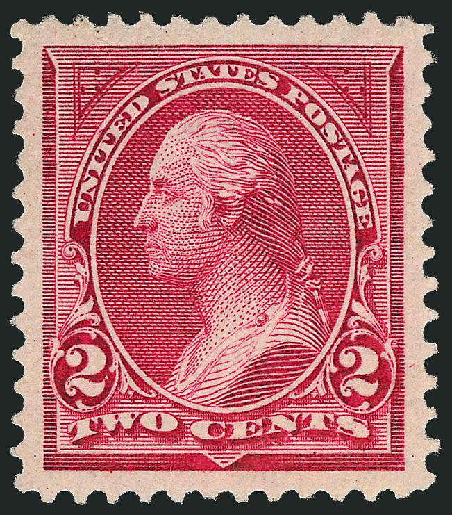 2c Carmine Lake, Ty. I (249).> Mint N.H., beautiful dark shade and proof-like impression on fresh paper, long full perfs all around, mathematically perfect centering with Jumbo margins<><>^EXTREMELY FINE GEM. A
SPECTACULAR ONE-OF-A-KIND EXAMPLE OF