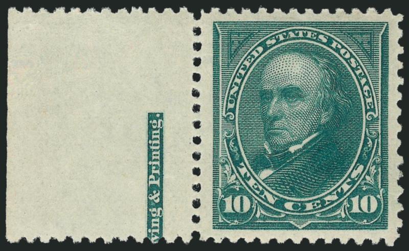 10c Dark Green (258).> Mint N.H. with <part imprint selvage> at left, uncommonly wide Jumbo margins, beautiful color on post office fresh paper<><>^EXTREMELY FINE. 10-CENT 1894 BUREAU ISSUE STAMPS ARE SELDOM
FOUND WITH JUMBO MARGINS, ESPECIALLY IN
