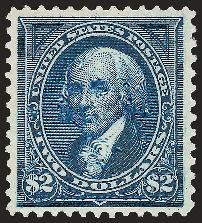 $2.00 Bright Blue (262).> Mint N.H., beautiful color and detailed impression, choice centering with well-balanced margins<><>^EXTREMELY FINE. A RARE MINT NEVER-HINGED EXAMPLE OF THE 1894 $2.00 UNWATERMARKED
BUREAU ISSUE.^<><>The higher-value 1894
