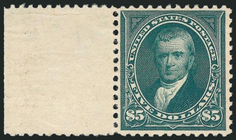 $5.00 Dark Green (263).> Mint N.H., with wide selvage at left, choice centering and balanced margins, beautiful deep rich color and incredibly detailed impression showing all of the finely-engraved lines in the
background, bright and fresh paper, sli