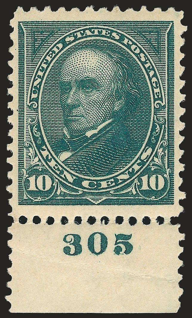 10c Dark Green (273).> Mint N.H., with <plate no. 305> selvage at bottom, beautiful centering with extra wide top and bottom margins, intense shade and impression, fresh and Extremely Fine, with 1983 P.F.
certificate