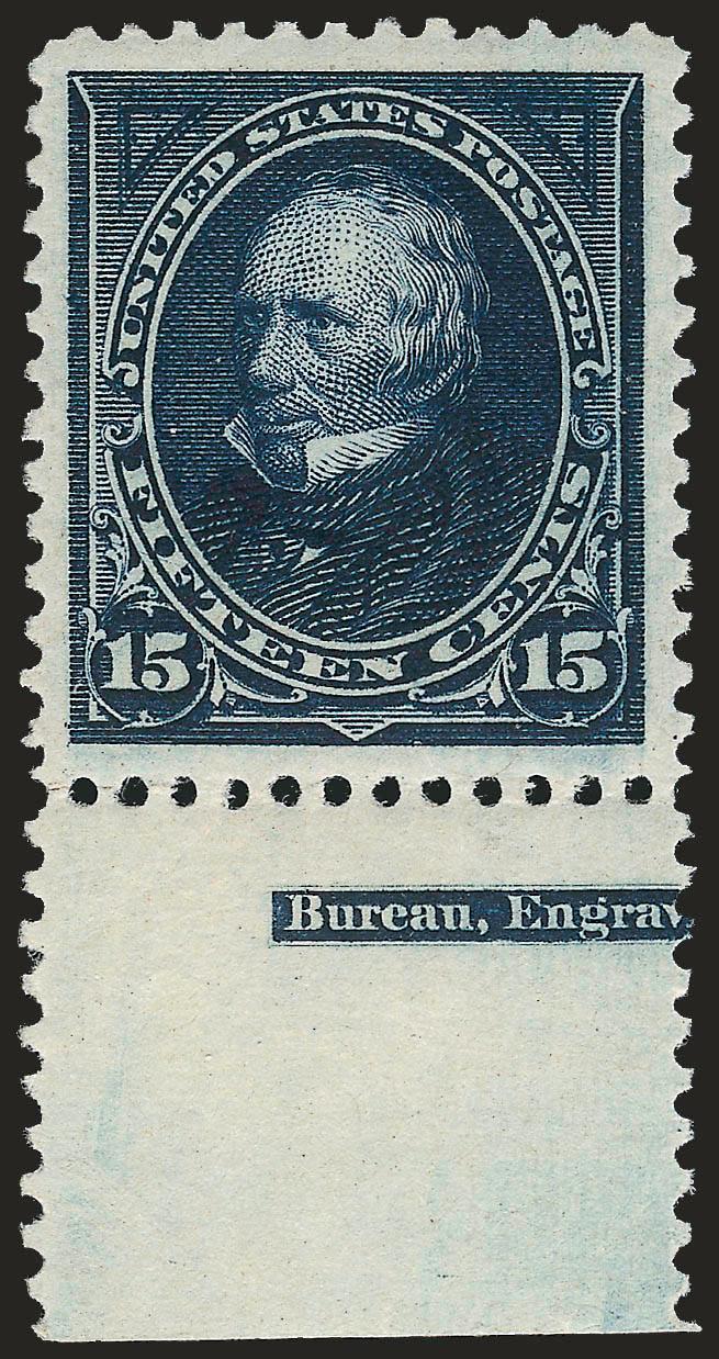 15c Dark Blue (274).> Mint N.H. with <part imprint selvage at bottom>, incredibly deep rich color on bright paper, proof-like impression, choice centering with Jumbo margins<><>^EXTREMELY FINE GEM. A SUPERB
MINT NEVER-HINGED EXAMPLE OF THE 1895 15-