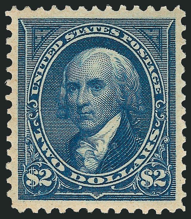 $2.00 Bright Blue (277).> Mint N.H., rich color and proof-like impression, perfectly centered with wide and balanced margins all around<><>^EXTREMELY FINE GEM. A BEAUTIFUL MINT NEVER-HINGED EXAMPLE OF THE 1895
$2.00 WATERMARKED BUREAU ISSUE IN THE