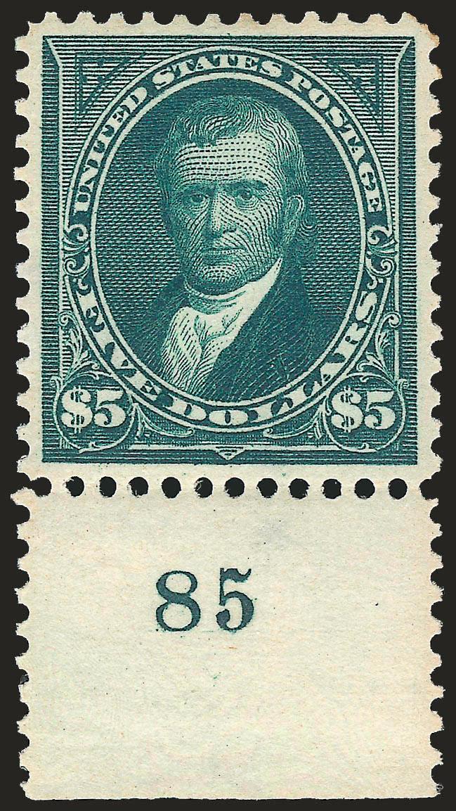 $5.00 Dark Green (278). Mint N.H. with <plate no. 85 at bottom>,> deep rich color and sharp proof-like impression on fresh paper, perfect centering with long full perfs all around<><>^EXTREMELY FINE GEM. AN
INCOMPARABLE MINT NEVER-HINGED EXAMPLE OF