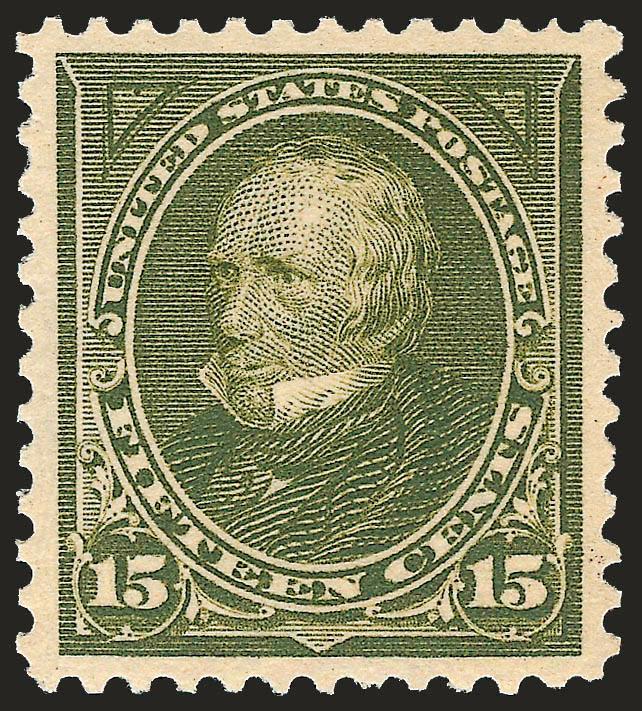 15c Olive Green (284).> Mint N.H., radiant color, proof-like impression, wide margins with almost mathematically perfect centering <><>^EXTREMELY FINE GEM. A MAGNIFICENT MINT NEVER-HINGED EXAMPLE OF THE 1898
15-CENT OLIVE GREEN ISSUE GRADED SUPERB
