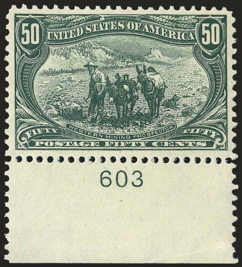 50c Trans-Mississippi (291).> Mint N.H. with <wide selvage and plate no. 603 at bottom,> rich color, proof-like impression on post-office fresh paper<><>^EXTREMELY FINE. AN ATTRACTIVE MINT NEVER-HINGED PLATE
NUMBER SINGLE OF THE 50-CENT TRANS-MISSI