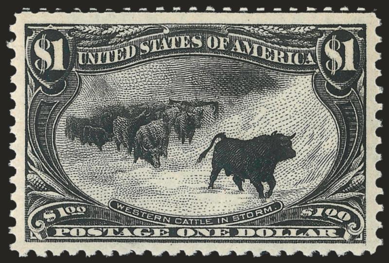 $1.00 Trans-Mississippi (292).> Mint N.H., deep shade and remarkably detailed impression on post-office fresh paper, balanced Jumbo margins<><>^EXTREMELY FINE. A STUNNING MINT NEVER-HINGED EXAMPLE OF THE $1.00
TRANS-MISSISSIPPI ISSUE, WHICH HAS BEE