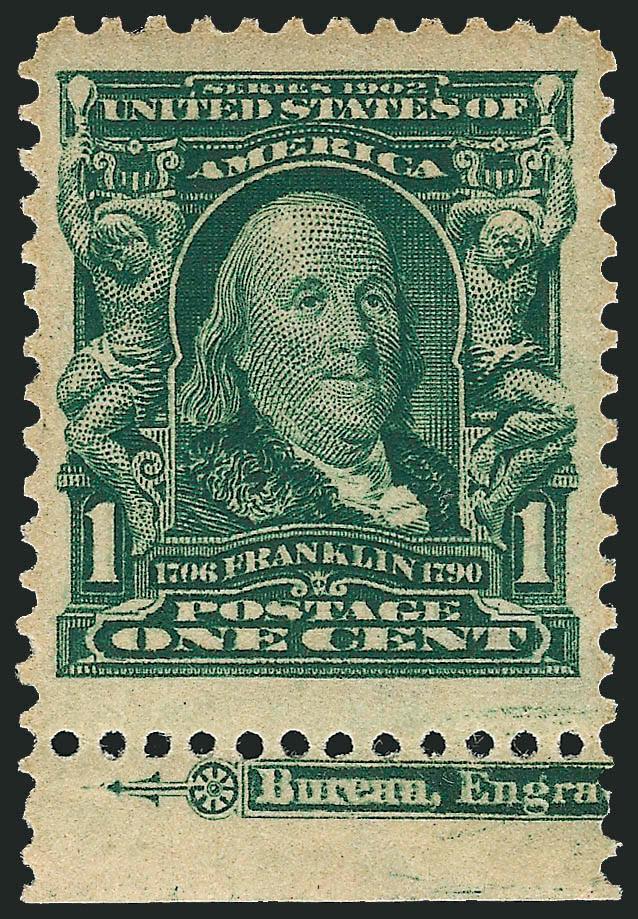1c Blue Green (300).> Mint N.H. with <part imprint selvage> at bottom, deep rich color, detailed impression, wide and balanced margins, Extremely Fine Gem, a Jumbo stamp, with 1990 P.S.E. and 2000 P.F.
certificates